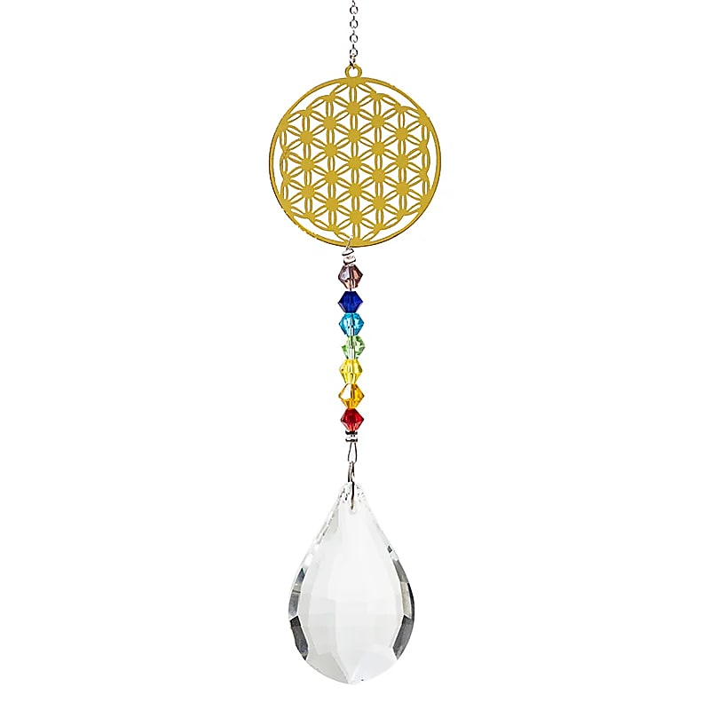 Kristalltropfen mit Chakrakette Blume des Lebens -- 29 cm