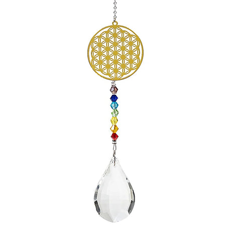 Kristalltropfen mit Chakrakette Blume des Lebens -- 29 cm