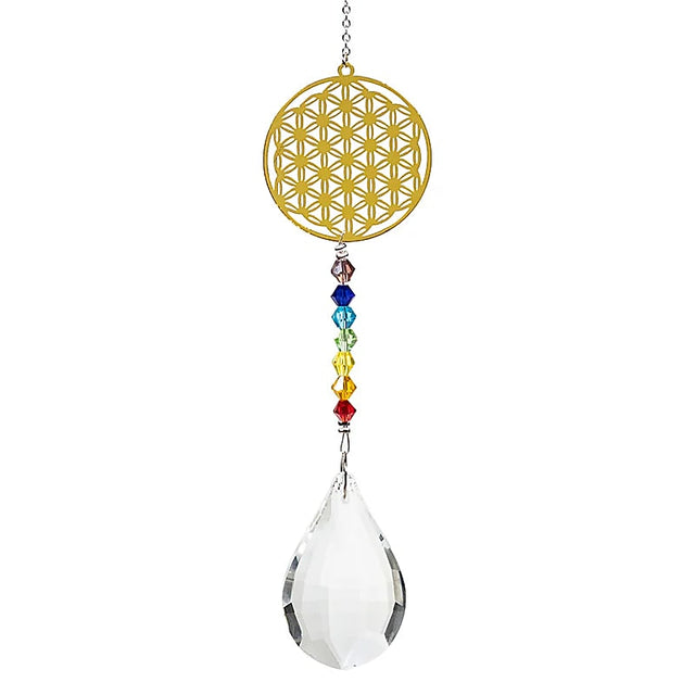 Kristalltropfen mit Chakrakette Blume des Lebens -- 29 cm