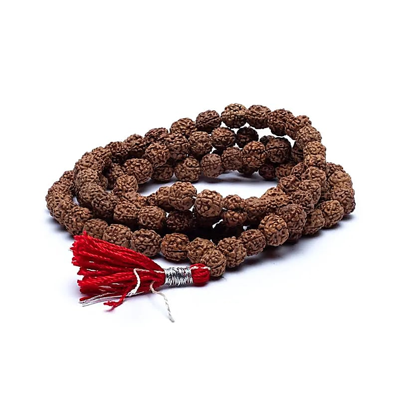 Mala Rudraksha 108 Perlen mit roter Quaste -- 1 cm