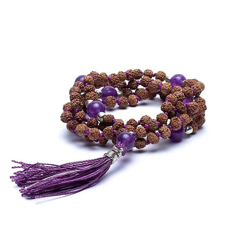 Mala Rudraksha und Amethyst mit violetter Quaste -- 0.5 cm