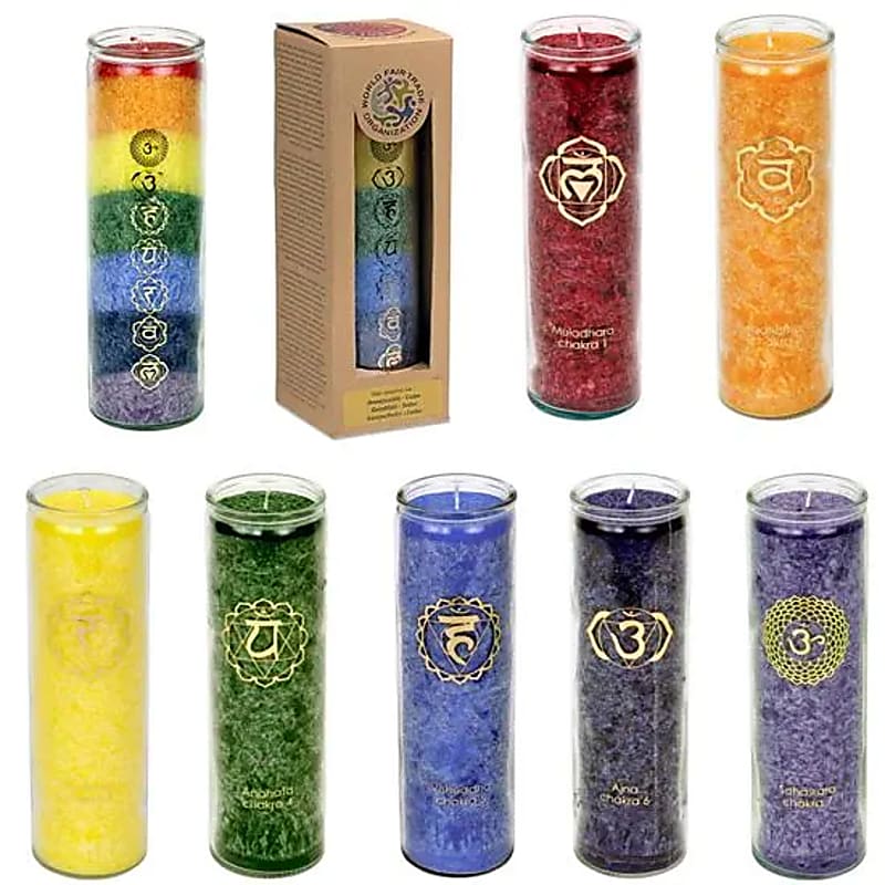 Chakra Kerzen Karton 12 Stück sortiert -- 21x6.5cm