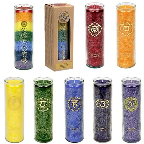 Chakra Kerzen Karton 12 Stück sortiert -- 21x6.5cm