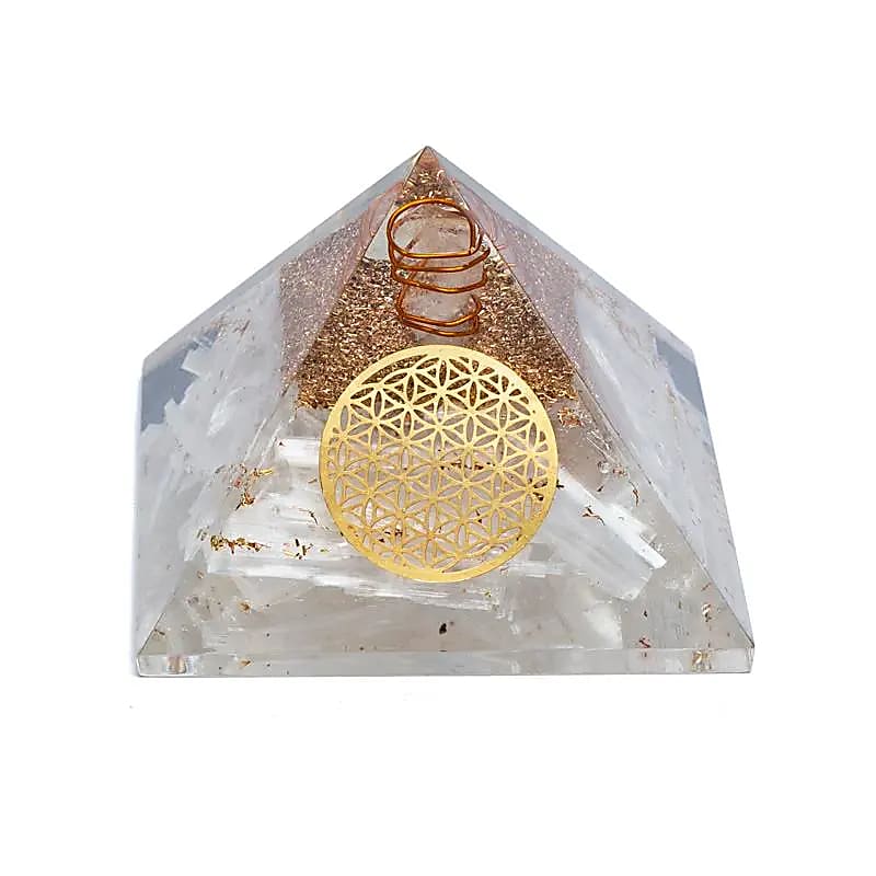 Orgonit Pyramide Selenit Blume des Lebens -- 7x7x6 cm